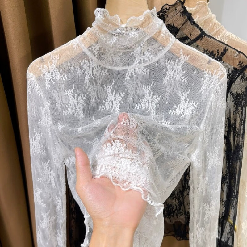 Fubec Thin High Collar Lace Inside Small Shirt for Women Spring and Autumn 2025 New Fungus Edge Mesh Base White One Size