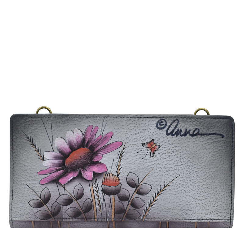 Anna by Anuschka Women's Hand Painted Genuine Leather Bi-Fold Wallet with Shoulder Strap, Wild Meadow Wild Meadow One Size