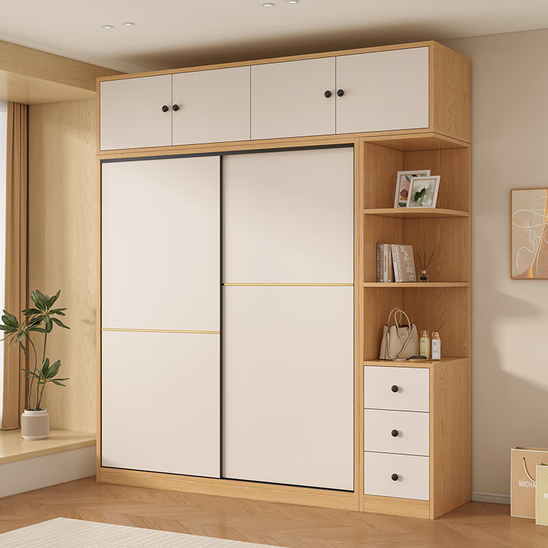 Jingran ENF grade solid wood wardrobe bedroom sliding door storage cabinet modern simple storage cabinet combination all solid wood wardrobe two doors main cabinet 120 + side cabinet + top cabinet