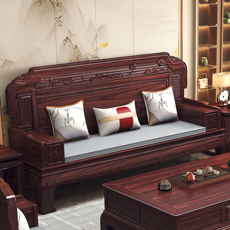 Jinge Home Solid Wood Sofa Purple Gold Sandalwood Sofa Living Room Solid Wood Sofa Chinese Antique Carved Sofa Winter and Summer Sofa 1+1+3+Coffee Table+Square Table+TV Cabinet