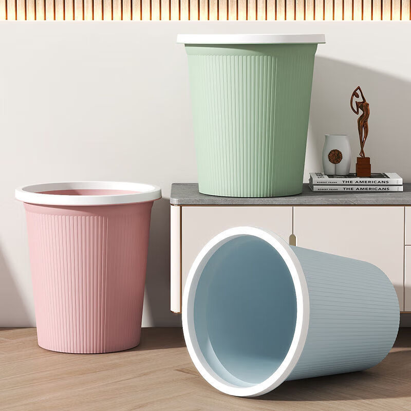 European-style household striped trash can for living room, bedroom, kitchen, toilet, bathroom, office, lidless paper basket with pressure ring, Nordic blue, medium size