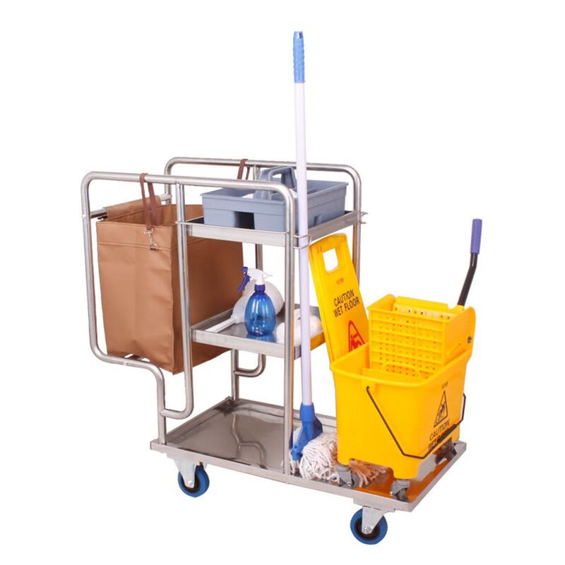 Linen truck, cleaning truck, multi-functional cleaning truck, hotel stainless steel hotel property tools, hand-pushed garbage pole truck, red wheel carpet wheel cleaning truck (with brakes)