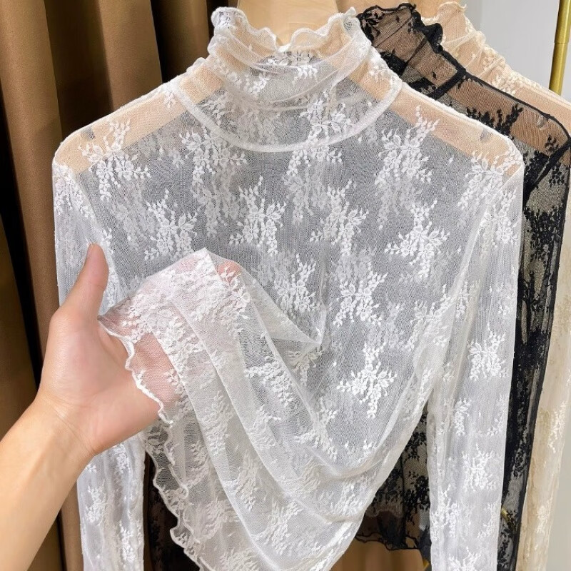 Fubec Thin High Collar Lace Inside Small Shirt for Women Spring and Autumn 2025 New Fungus Edge Mesh Base White One Size