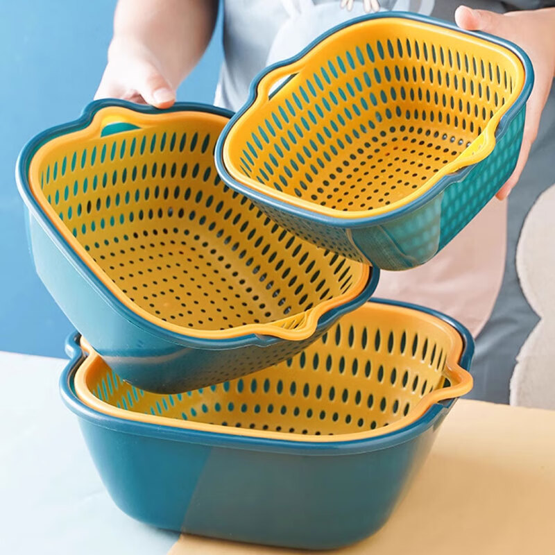 MiHangshu kitchen drain basket, vegetable basin, fruit and vegetable basket, vegetable basket, storage basin, double-layer drain basket, vegetable basin, 8-piece set, extra large + large + medium + small, blue and yellow two colors