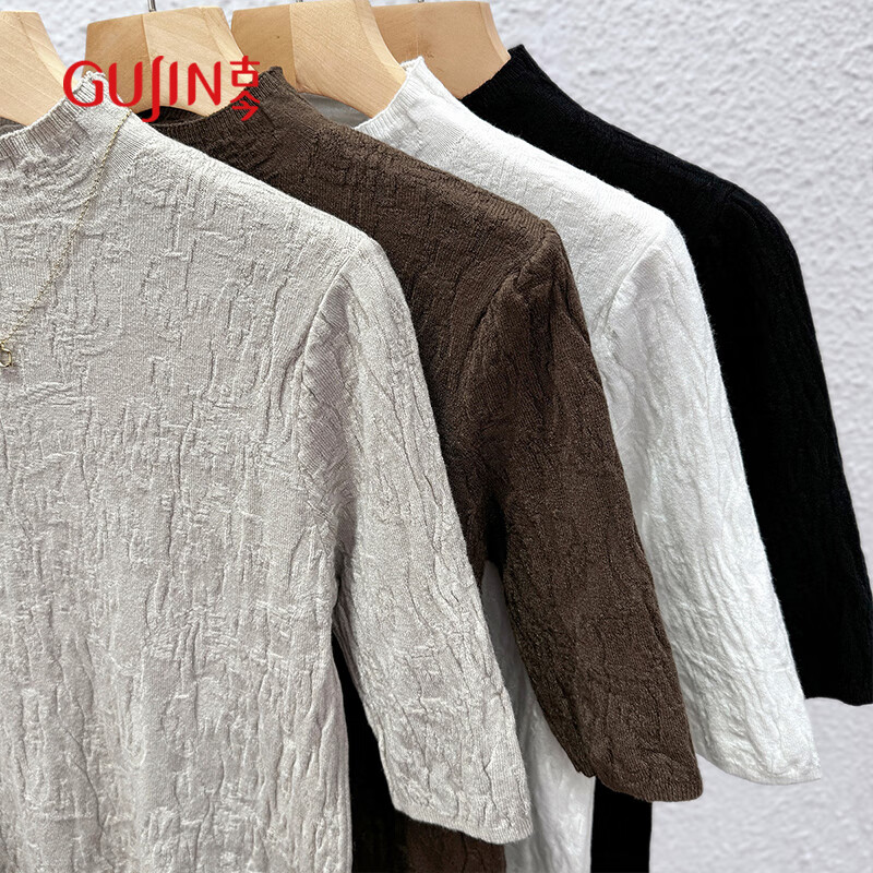 GUJIN inner wear women's mid-sleeve solid color dark pattern sweater half turtleneck short-sleeved women's 2026 new bottoming shirt top
