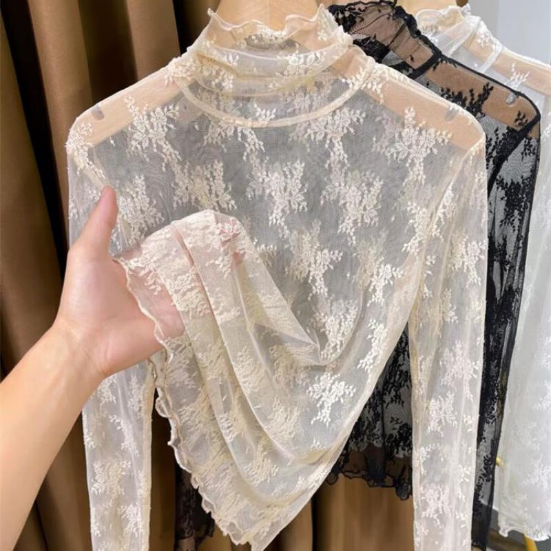 Fubec Thin High Collar Lace Inside Small Shirt for Women Spring and Autumn 2025 New Fungus Edge Mesh Base White One Size