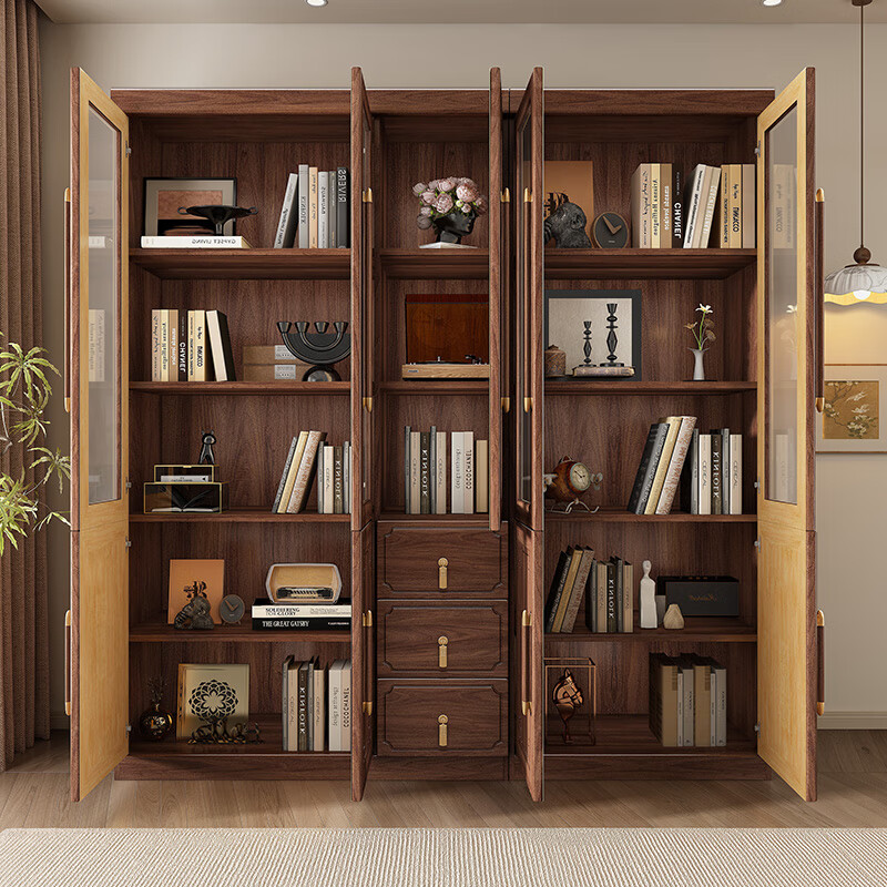 Caibaimu Solid Wood Bookcase New Chinese Bookcase Black Walnut Color Modern Combination Floor Bookcase Two or Three Doors Study Room Bookshelf 1.11 Meter Three Door Bookcase Assembly