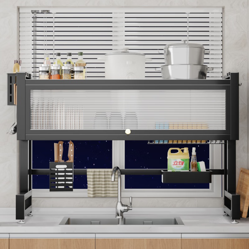 Zhizhi Yifan kitchen sink drain rack table-mounted wash basin dish storage rack above the sink dish draining artifact black 75cm bold and thickened complete set with cabinet door