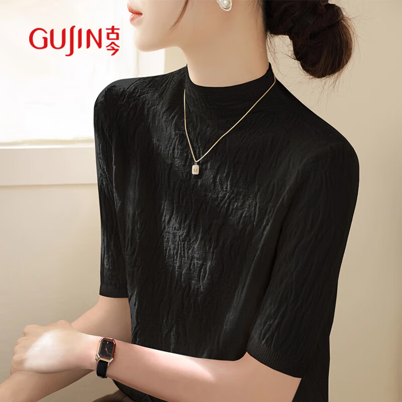 GUJIN inner wear women's mid-sleeve solid color dark pattern sweater half turtleneck short-sleeved women's 2026 new bottoming shirt top