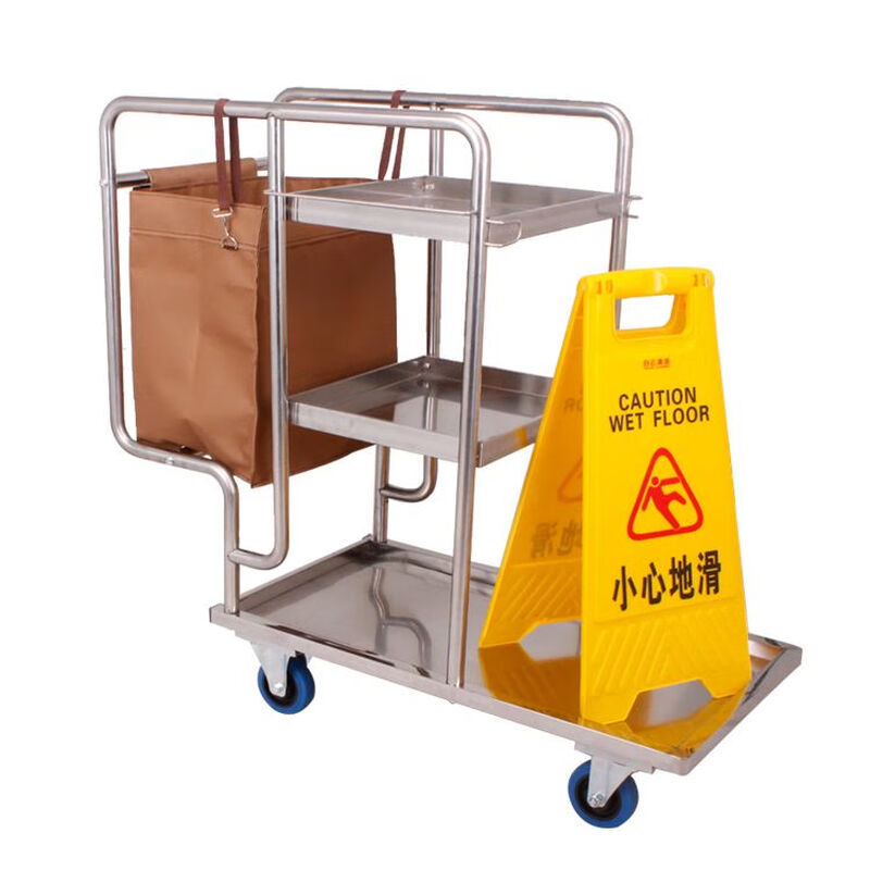 Linen truck, cleaning truck, multi-functional cleaning truck, hotel stainless steel hotel property tools, hand-pushed garbage pole truck, red wheel carpet wheel cleaning truck (with brakes)