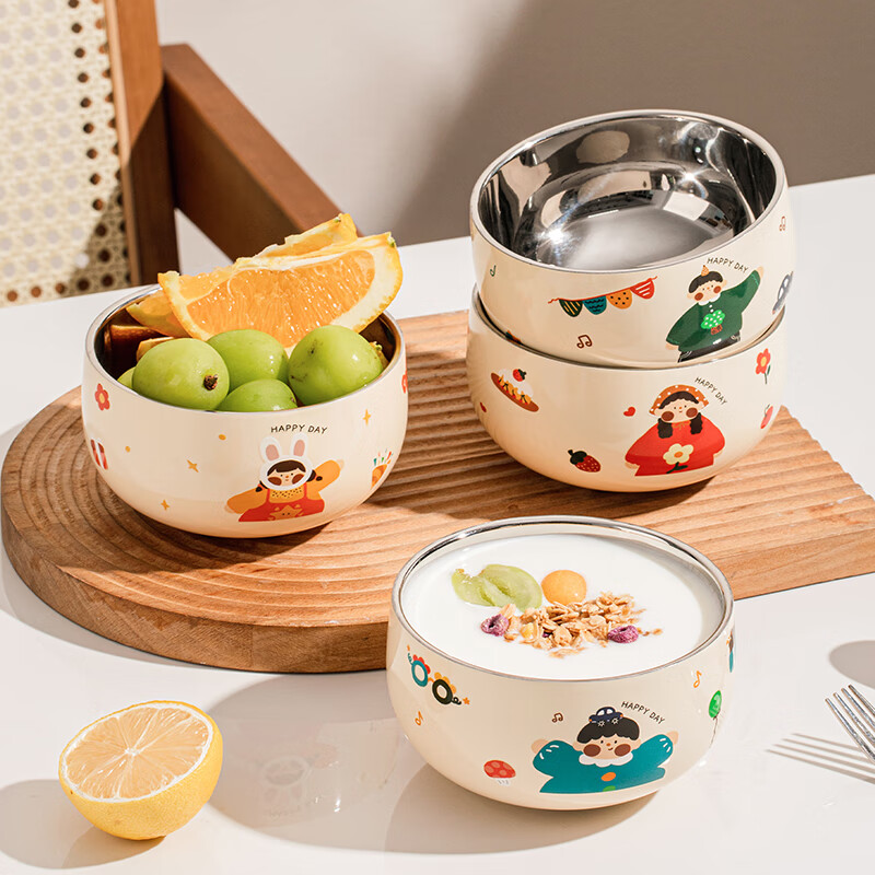 TREEJACK 316L stainless steel children's cartoon rice bowl kindergarten home baby yogurt fruit bowl food supplement bowl noodle soup bowl