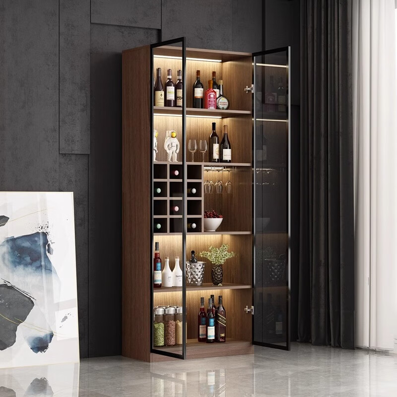 New solid wood wine cabinet living room wall display cabinet home light luxury high-end modern simple glass door small bookcase J type 0.8 meters walnut color with light delivery and installation included