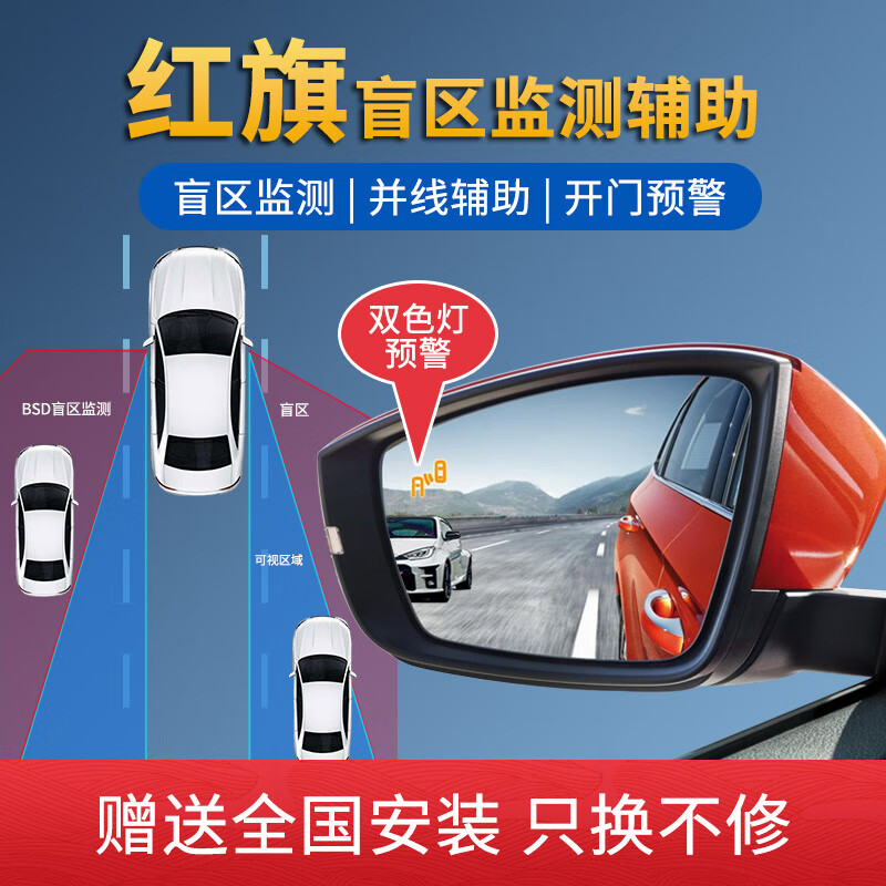 Suitable for Hongqi H5/H7/H9/HS3/EQM5 bsd blind spot monitoring and lane change assist system for special vehicles, installation package 77G dual radar, white mirror + door opening warning
