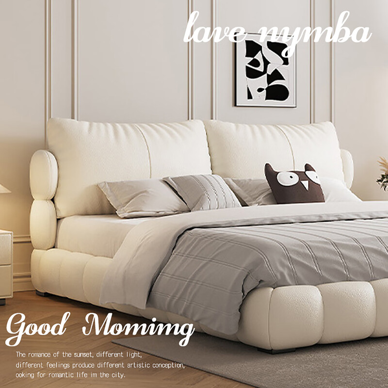 Befan Light Luxury Cream Style Bedside Cowhide Soft Bed 1.8m Master Bedroom Double Bed Large Storage Puff Wedding Bed Single Bed Headcoat Leather Bed 1.8x2m Frame Bed/15cm Steel Wood Laminated Framework