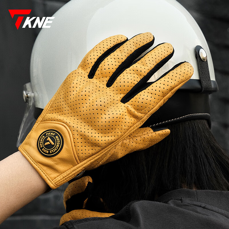 TKNE summer motorcycle gloves men's anti-fall breathable sheepskin retro KP10/brown summer style-hole L
