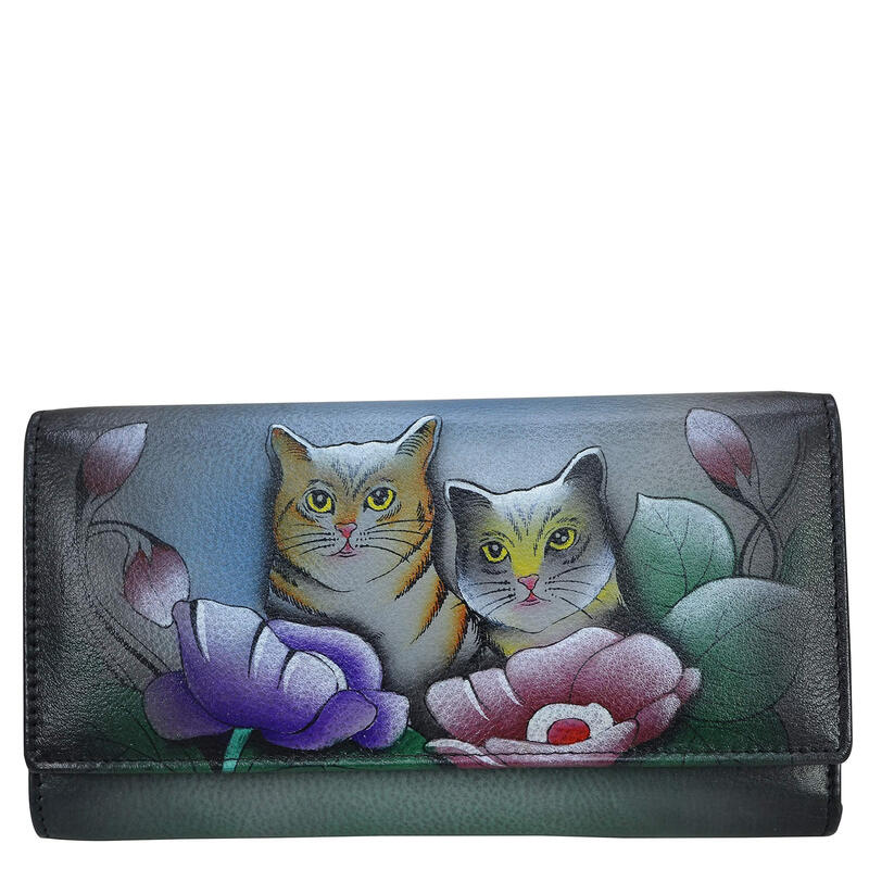 Anna by Anuschka Women's Hand Painted Genuine Leather Tri-Fold Storage Wallet, Two Cats Gray Two Cats Gray 4 x 7.5