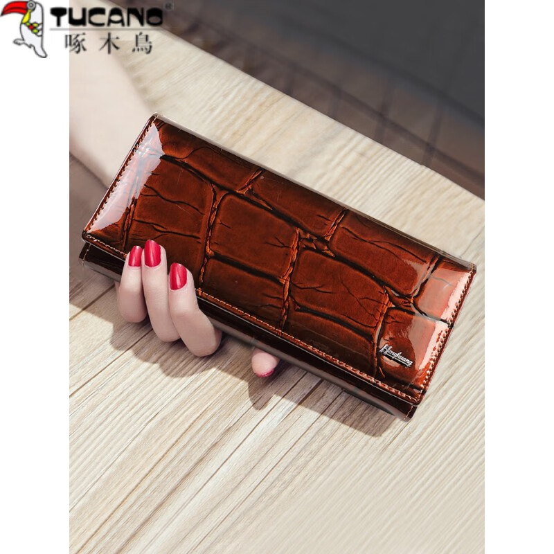 Woodpecker (TUCANO) 2025 New Genuine Leather Long Hand Wallet Women's Bright Leather Multi-Card Slot Folding Large Capacity Wallet Enlarges Mobile Phone Black