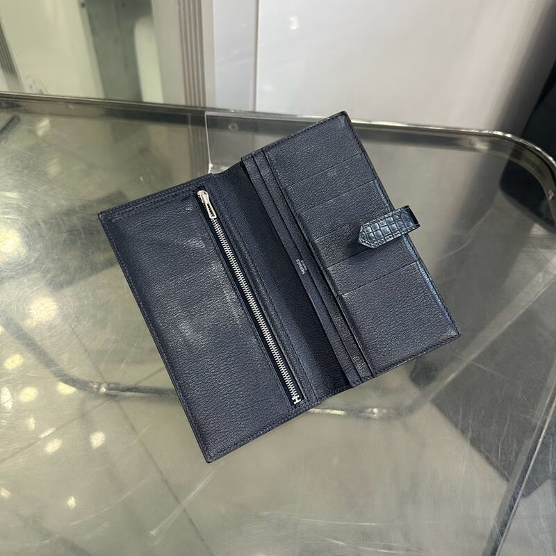 Second-hand 95 new Hermes (HERMES) bearn crocodile leather long wallet wallet black silver buckle matte crocodile frame Q engraved