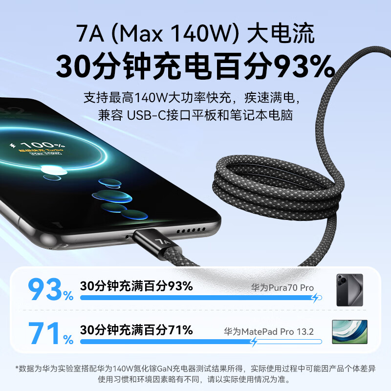 Huawei original 7A super fast charging double-ended Type-c braided data cable laptop charging cable 140wMateBookXPro D16 GT14 mate70 pro mobile phone Huawei 7A super fast charging braided cable double-ended Type-c 1.8 meters
