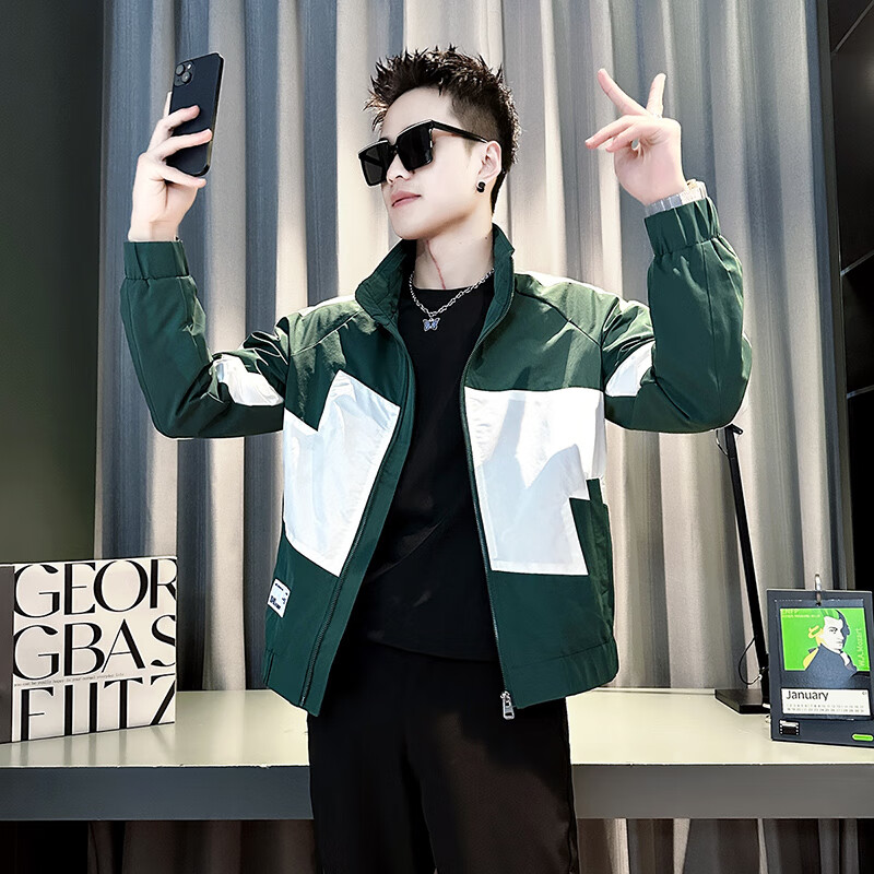 Jason's Jacket Men's Autumn and Winter Cotton Thickened 2025 New Trendy Versatile Top Men's Color Blocked Autumn Clothes D313-J209 Green (Regular Class) L (Recommended 110-130 catties)