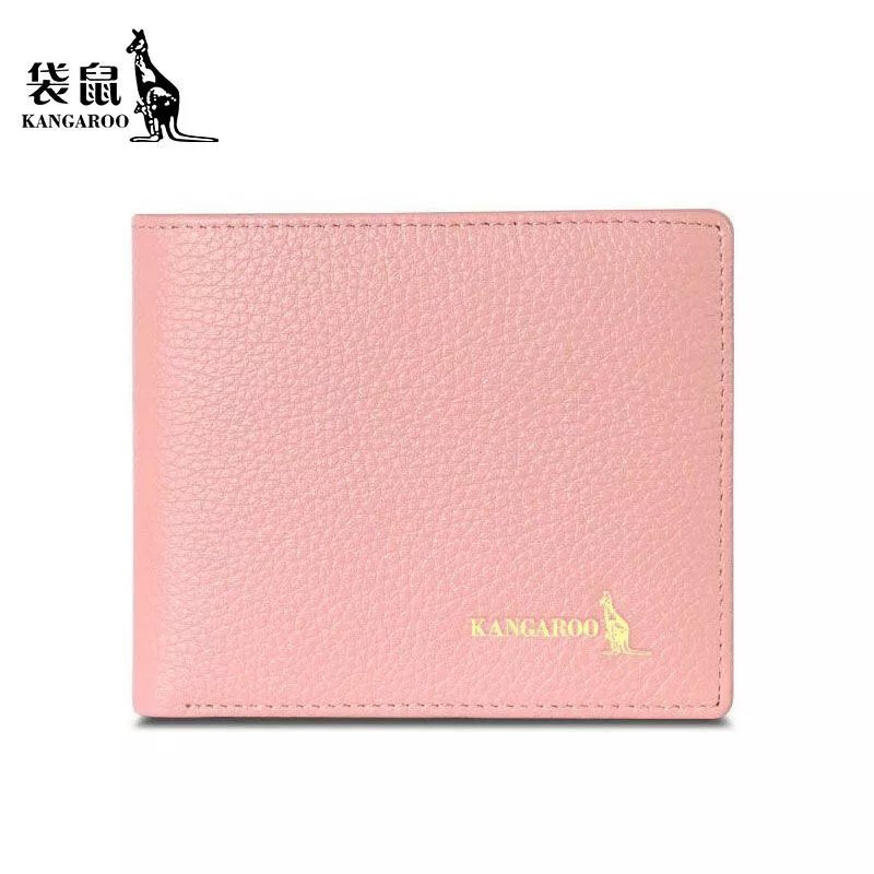 Kangaroo (KANGAROO) Brand Women's Wallet Genuine Leather Short Wallet 2024 Chinese Valentine's Day Small Cute Simple Student Folding Wallet Pink-Horizontal Style