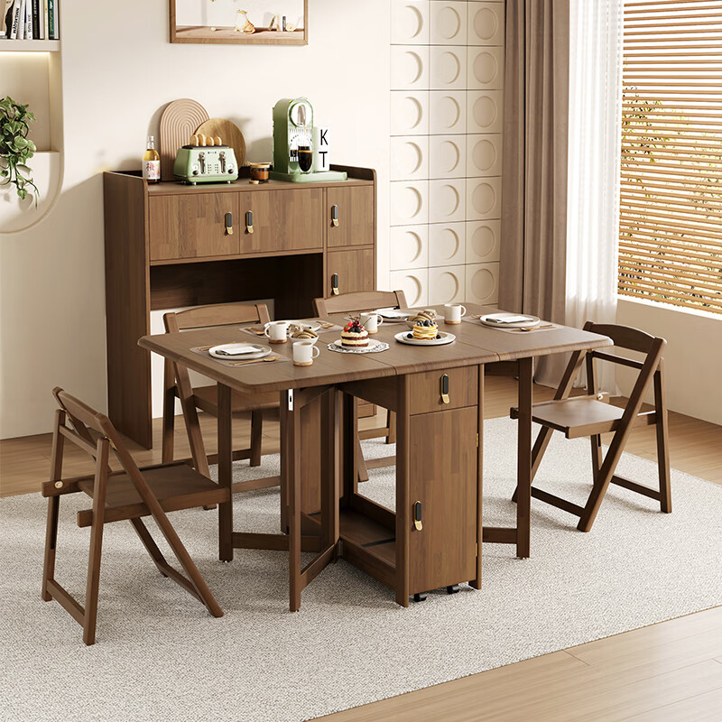 Foldable dining table modern minimalist home dining table Nordic all solid wood dining table folding dining table small apartment chair combination 1.45 meters solid wood dining table + sideboard + 4 chairs