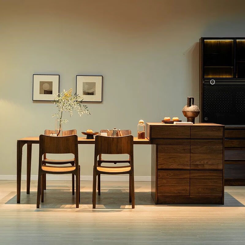 Yusenyi North American black walnut one-piece retractable island dining table household solid wood bar multi-functional storage cabinet sideboard supports customization/material/color/size