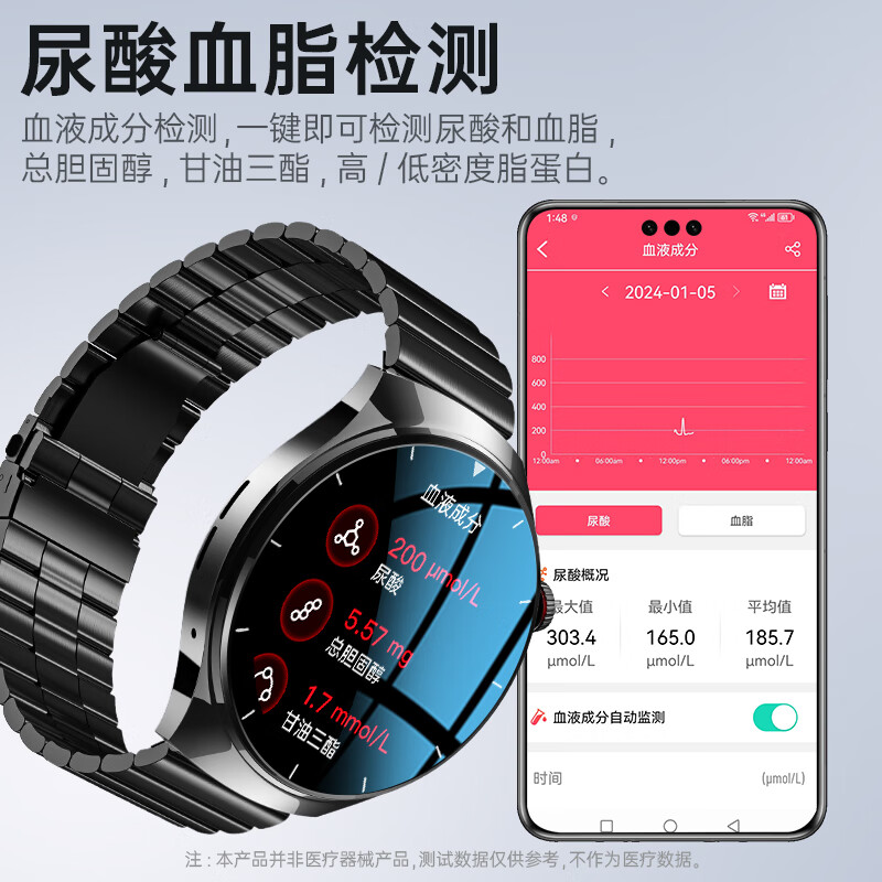 HJZY Hongmeng Huawei mobile phone suitable for blood glucose and blood pressure monitoring watch smart health monitoring blood pressure heart rate measurement blood oxygen blood sugar blood lipids uric acid call all-in-one machine top version black supports uric acid blood lipid monitoring + Bluetooth call health detection - upgraded accuracy - Bluetooth call