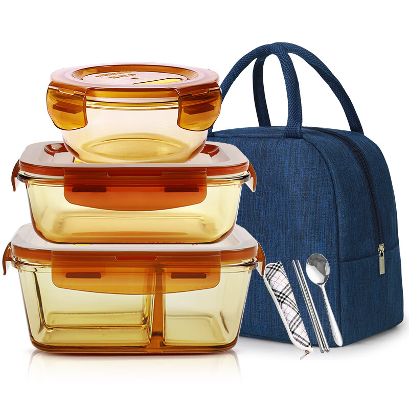 Demas heat-resistant glass crisper microwave lunch box office worker lunch box 3 compartments 1020+700+400+bags+tableware