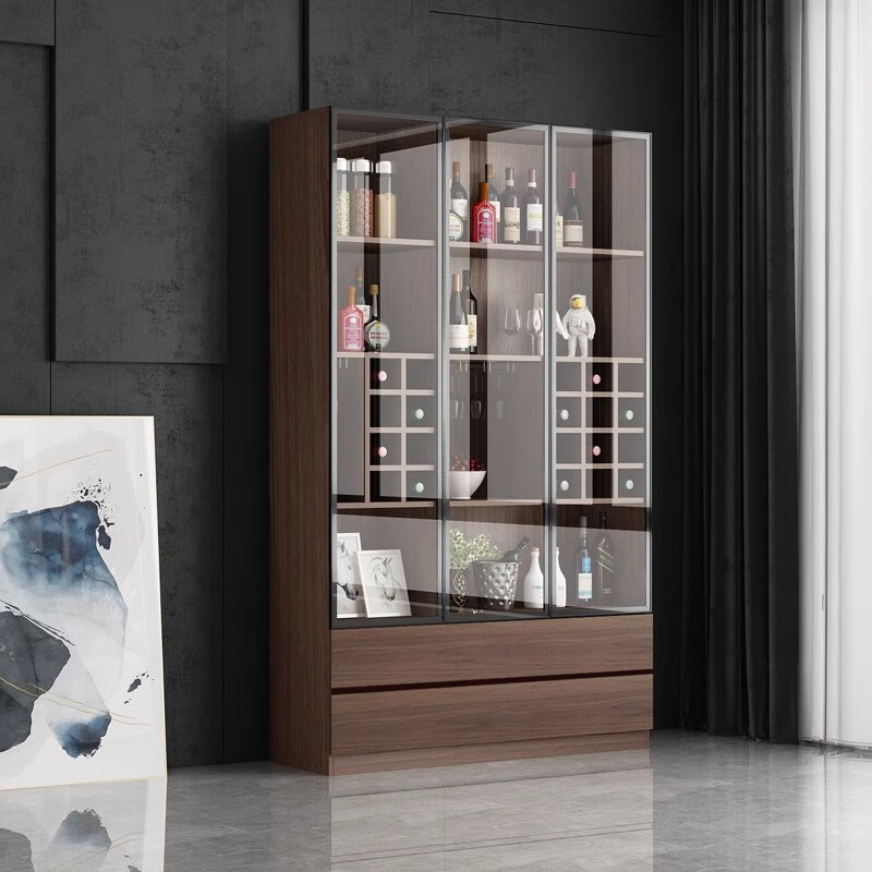 New solid wood wine cabinet living room wall display cabinet home light luxury high-end modern simple glass door small bookcase J type 0.8 meters walnut color with light delivery and installation included