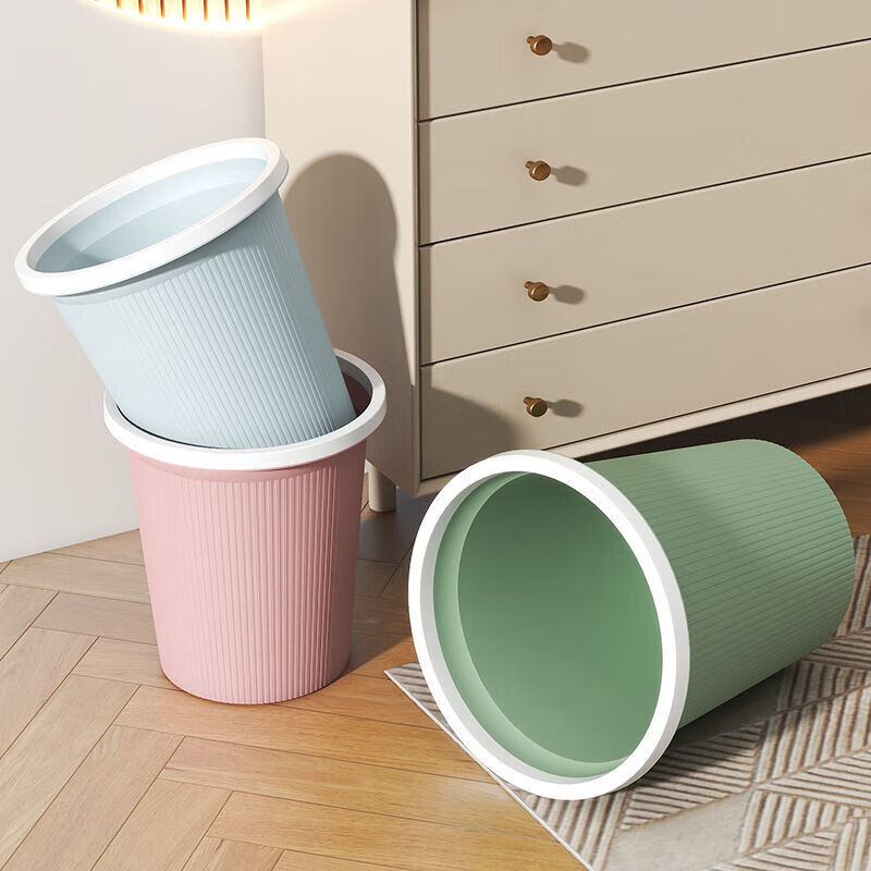 European-style household striped trash can for living room, bedroom, kitchen, toilet, bathroom, office, lidless paper basket with pressure ring, Nordic blue, medium size