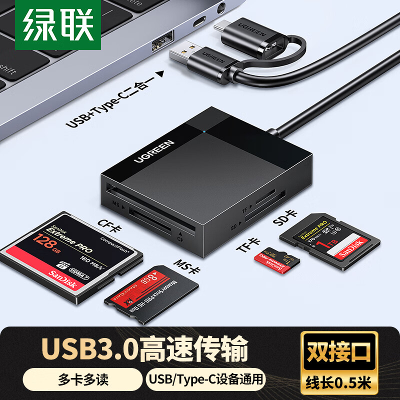 Greenlink USB/Type-C card reader 3.0 high speed supports SD/TF/CF/MS camera monitoring memory card multi-card multi-read, suitable for computers Apple 17/16/iPad/mobile phones