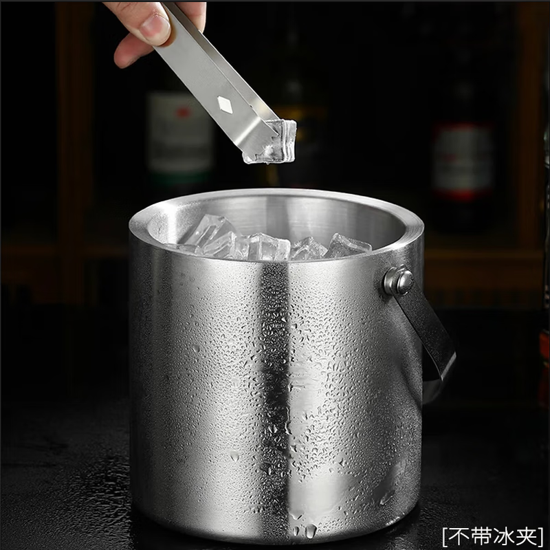 Yunxu 304 stainless steel ice bucket champagne bucket bar ktv ice bucket home ice storage bucket double-layer ice bucket thickened with lid silver 2.0L
