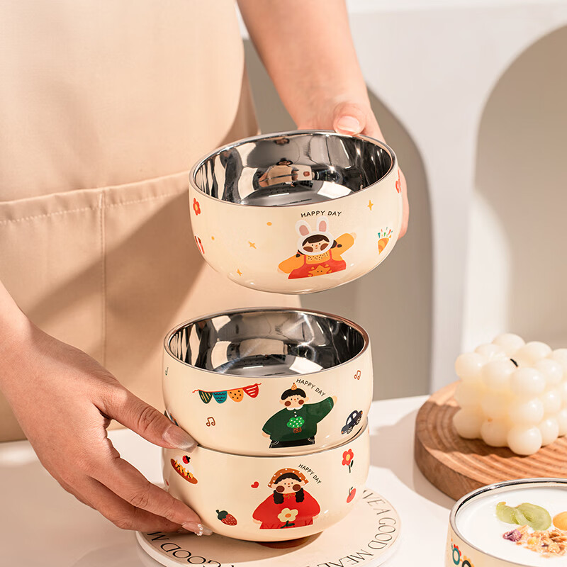 TREEJACK 316L stainless steel children's cartoon rice bowl kindergarten home baby yogurt fruit bowl food supplement bowl noodle soup bowl