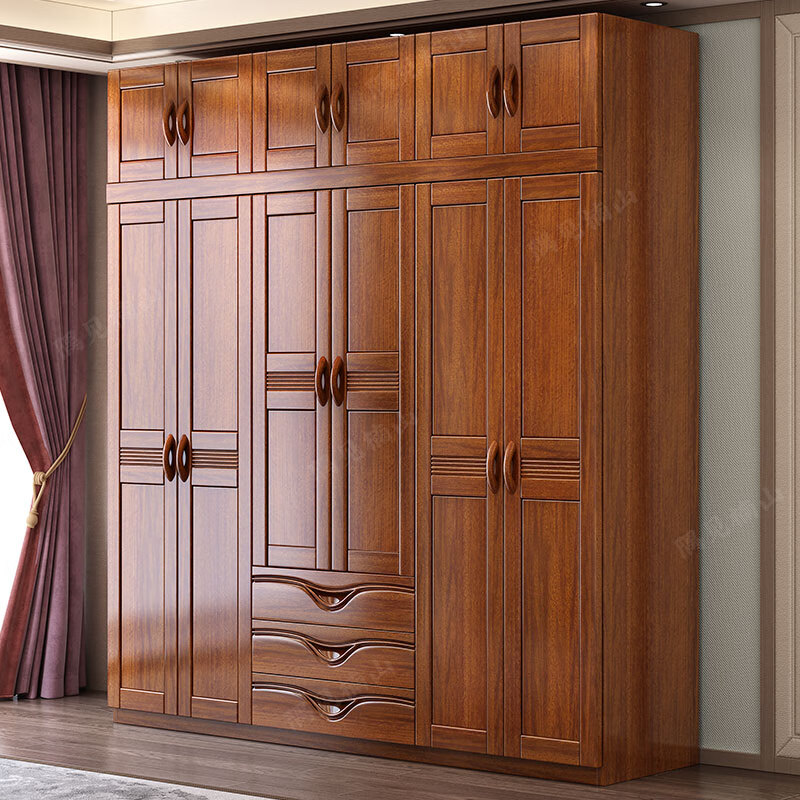 Mu Tisen new Chinese style walnut solid wood wardrobe three doors four doors five doors six doors double door large wardrobe storage bedroom furniture six door wardrobe