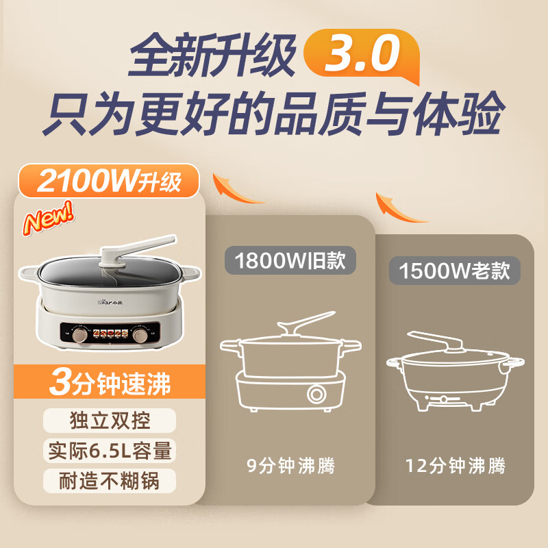 Bear Electric Hot Pot Yuanyang Pot Household Hot Pot Special Pot Split Multi-Function Pot Electric Cooking Pot Shabu Shabu Hot Pot Pot 3 Minutes Quick Boil Zone Temperature Control D60J1 6.5L