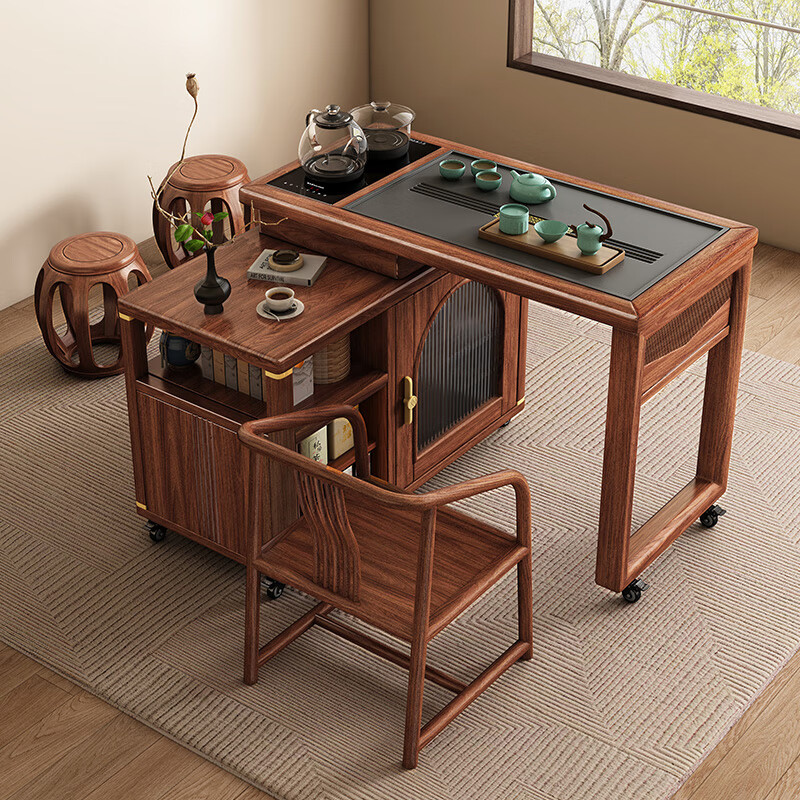 Small wooden nest tea table black walnut tea table rotating tea table solid wood foldable trolley removable tea cabinet rotating tea table with kettle assembly