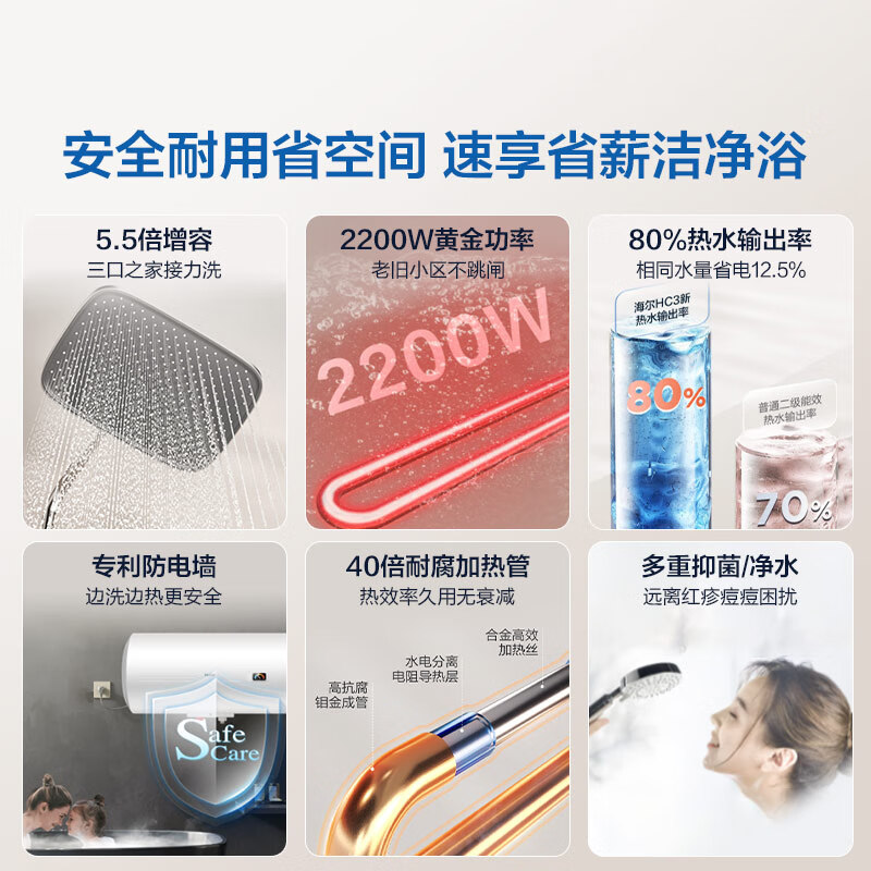 Haier's replacement subsidy electric water heater 60 liters HC3 new King Kong enamel bladder, 5.5 times larger water volume, 2200W fast heating household bathing water storage type, door-to-door installation