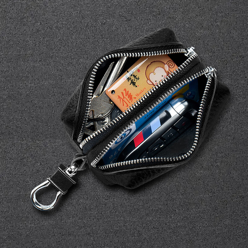 CLCEY large-capacity key bag for men and women genuine leather double-layer zipper home car key bag storage coin purse multi-functional black double pull