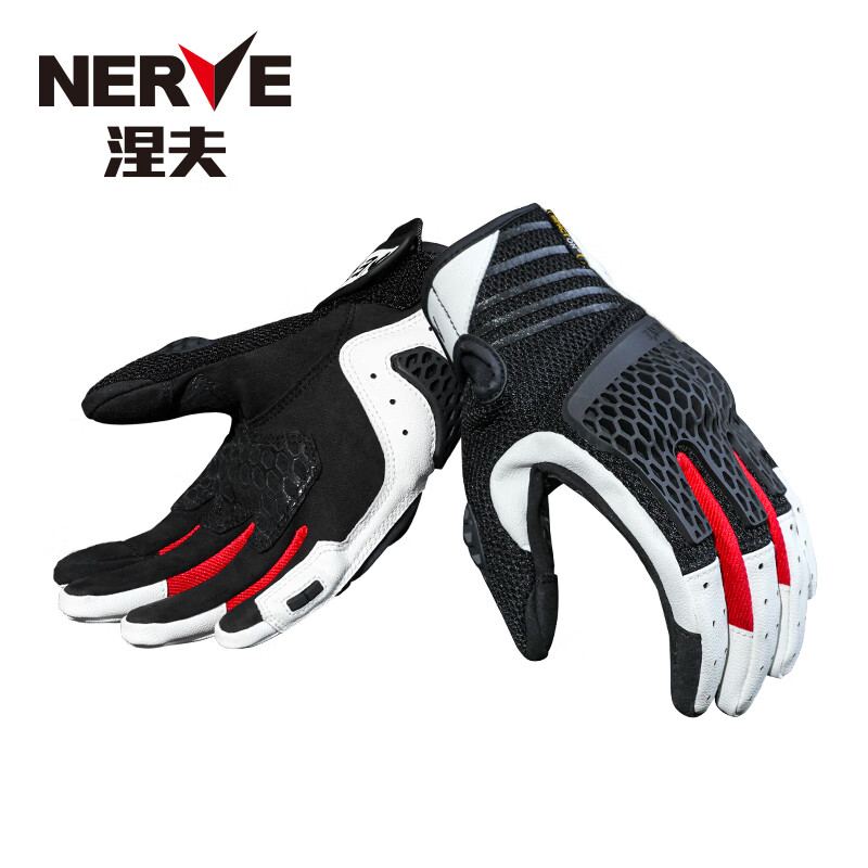 NERVE Motorcycle Riding Gloves for Men and Women Summer Protective Ventilation Breathable Touch Screen Black/White/Red L