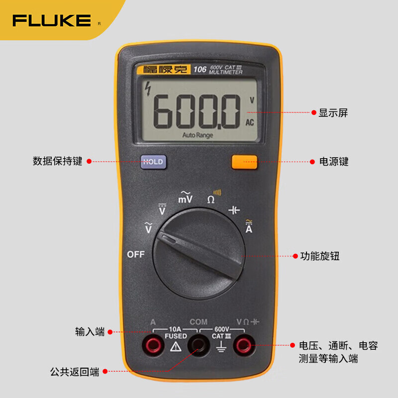 FLUKE multimeter 15B RPO MAX/101/17B MAX high-precision digital electrician special intelligent anti-burn FLUKE-106 CHINA AC and DC voltage and current resistance and capacitance