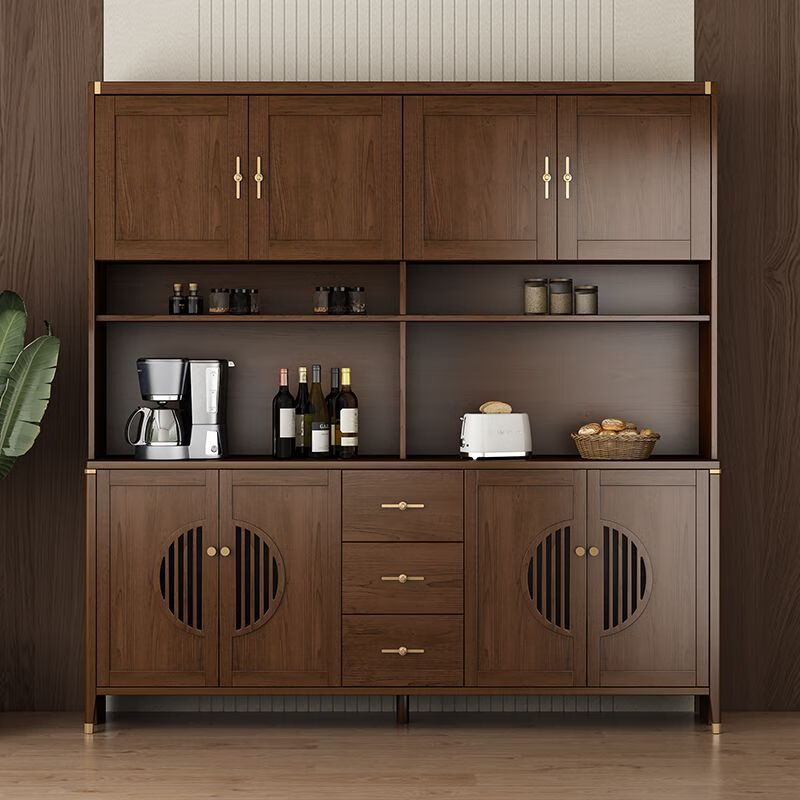 Juwanjia wood solid wood sideboard integrated wall cabinet new Chinese style wine cabinet living room storage cabinet tea cabinet kitchen storage cupboard walnut color multi-function cabinet 105*40*200cm