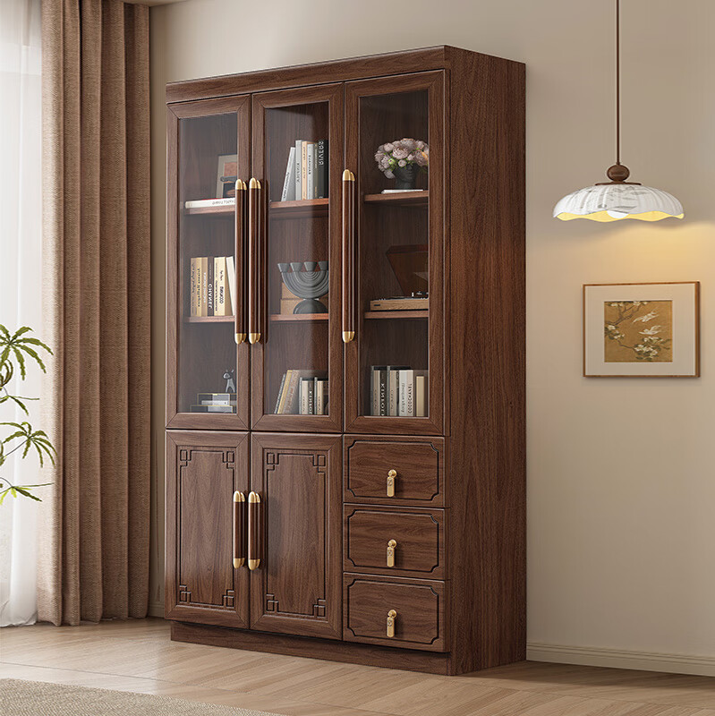 Caibaimu Solid Wood Bookcase New Chinese Bookcase Black Walnut Color Modern Combination Floor Bookcase Two or Three Doors Study Room Bookshelf 1.11 Meter Three Door Bookcase Assembly