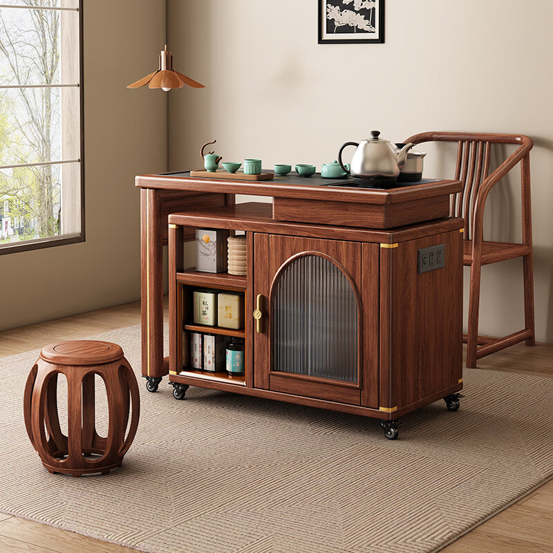 Small wooden nest tea table black walnut tea table rotating tea table solid wood foldable trolley removable tea cabinet rotating tea table with kettle assembly