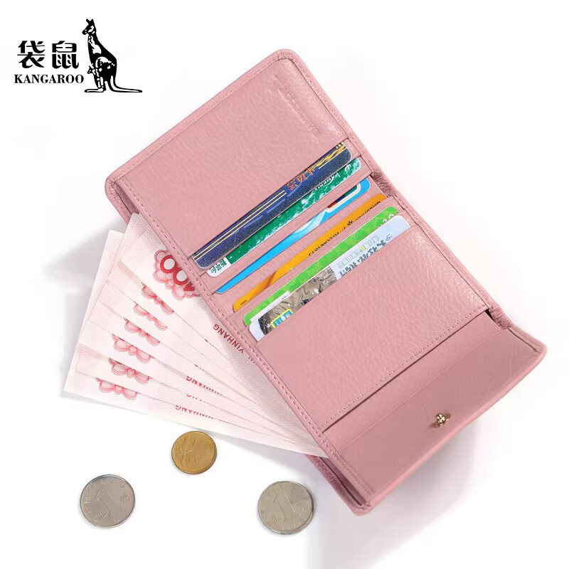 Kangaroo wallet women's short 2025 new first-layer cowhide women's hand-held fashionable three-fold hand-grabbed coin purse card holder pink horse