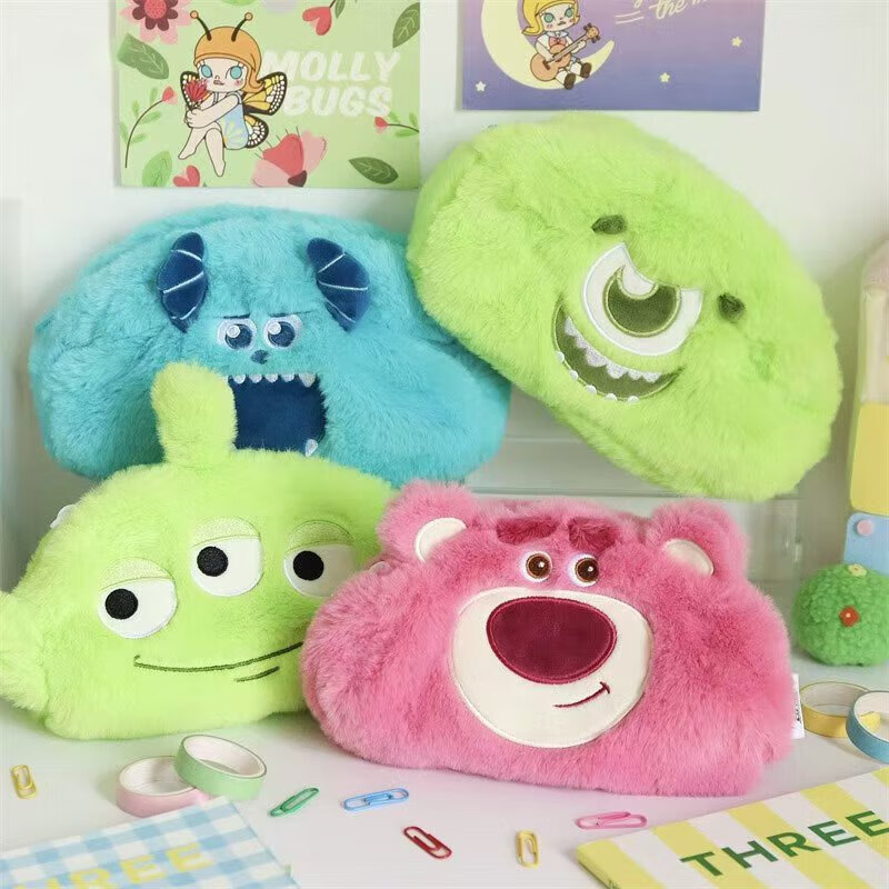 Plush double-sided cartoon storage coin purse Strawberry Bear-Big Eyes Double-sided pencil case / one size fits all