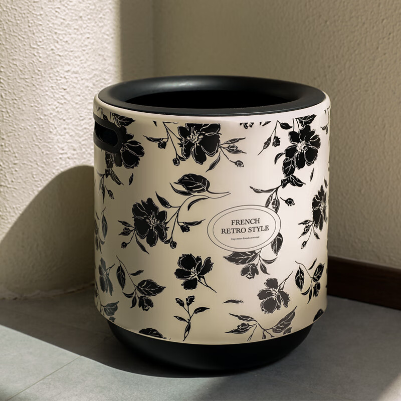 Sanmu Qinghe French trash can for home living room new light luxury high-end French large capacity bedroom high-value double-layer bathroom Paris Flower Shadow (beige) 12L large capacity