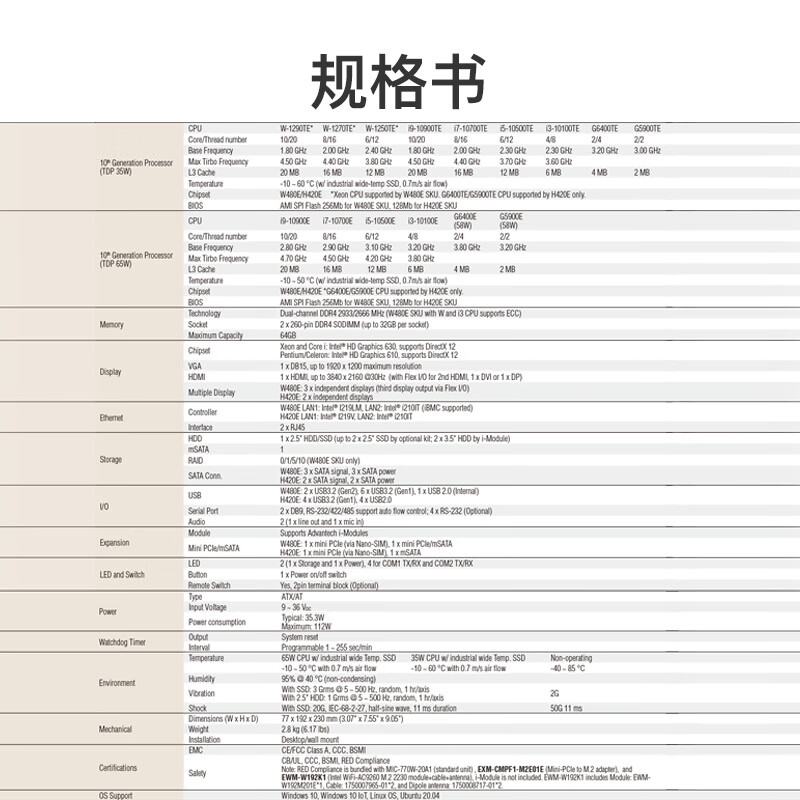 ADVANTECH Advantech MIC-770W embedded industrial computer/i5 10500/DDR4 16G/SSD 512G/120W power supply MIC-770W-20A1-105516S5-HY