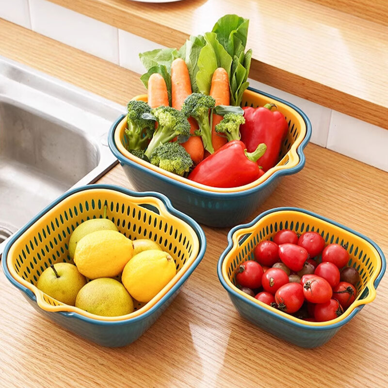 MiHangshu kitchen drain basket, vegetable basin, fruit and vegetable basket, vegetable basket, storage basin, double-layer drain basket, vegetable basin, 8-piece set, extra large + large + medium + small, blue and yellow two colors