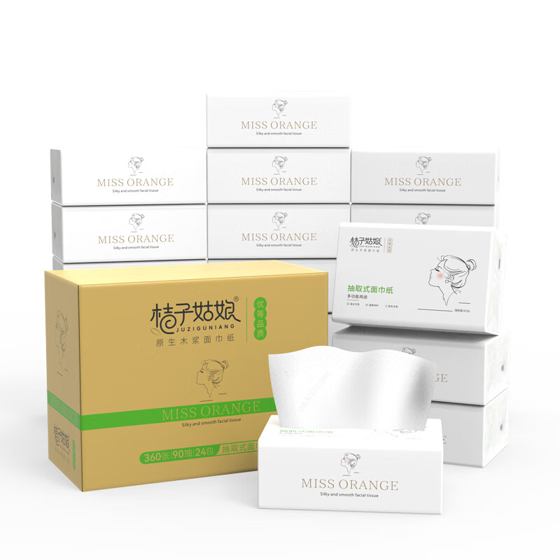 Orange Girl tissue paper miss series 4 layers 360 sheets * 24 packs of household napkins, virgin wood pulp paper towels, full box